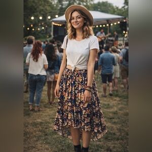 Wonderly Navy Floral Midi Skirt Boho Tiered Ruffle Size M